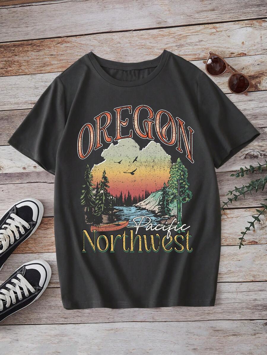 SHEIN Áo thun họa tiết cây và chữ cái cho bé gái tuổi teen, thiết kế tối giản giản dị - Màu xám đen - Xem 1