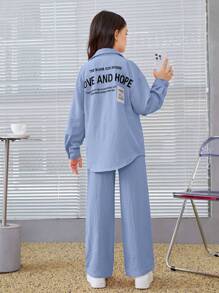SHEIN Leap Crew Tween Girl Slogan Graphic Drop Shoulder Shirt & Wide Leg Pants