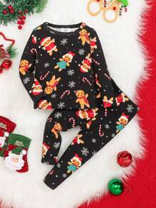 SHEIN Baby Boy Christmas Print Snug Fit PJ Set - Black - View 1