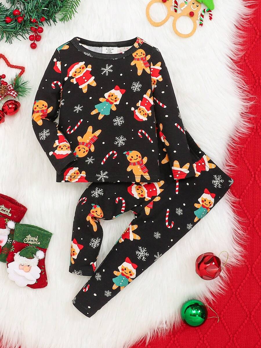 SHEIN Baby Boy Christmas Print Snug Fit PJ Set - Black - View 1