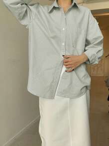 DAZY 竖条纹印花落肩口袋贴布衬衫长袖上衣