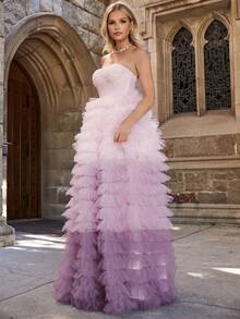 Faeriesty Ruched Bustier Ombre Layered Mesh Hem Wedding Dress - Pink - View 5