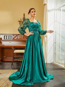 Missord Floral Embroidery Mesh Panel Lantern Sleeve Formal Dress - Green - View 3