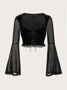 SHEIN ICON 萬聖節前繫帶網紗拼接荷葉袖褶邊短款上衣 - 黑色 - 查看 1