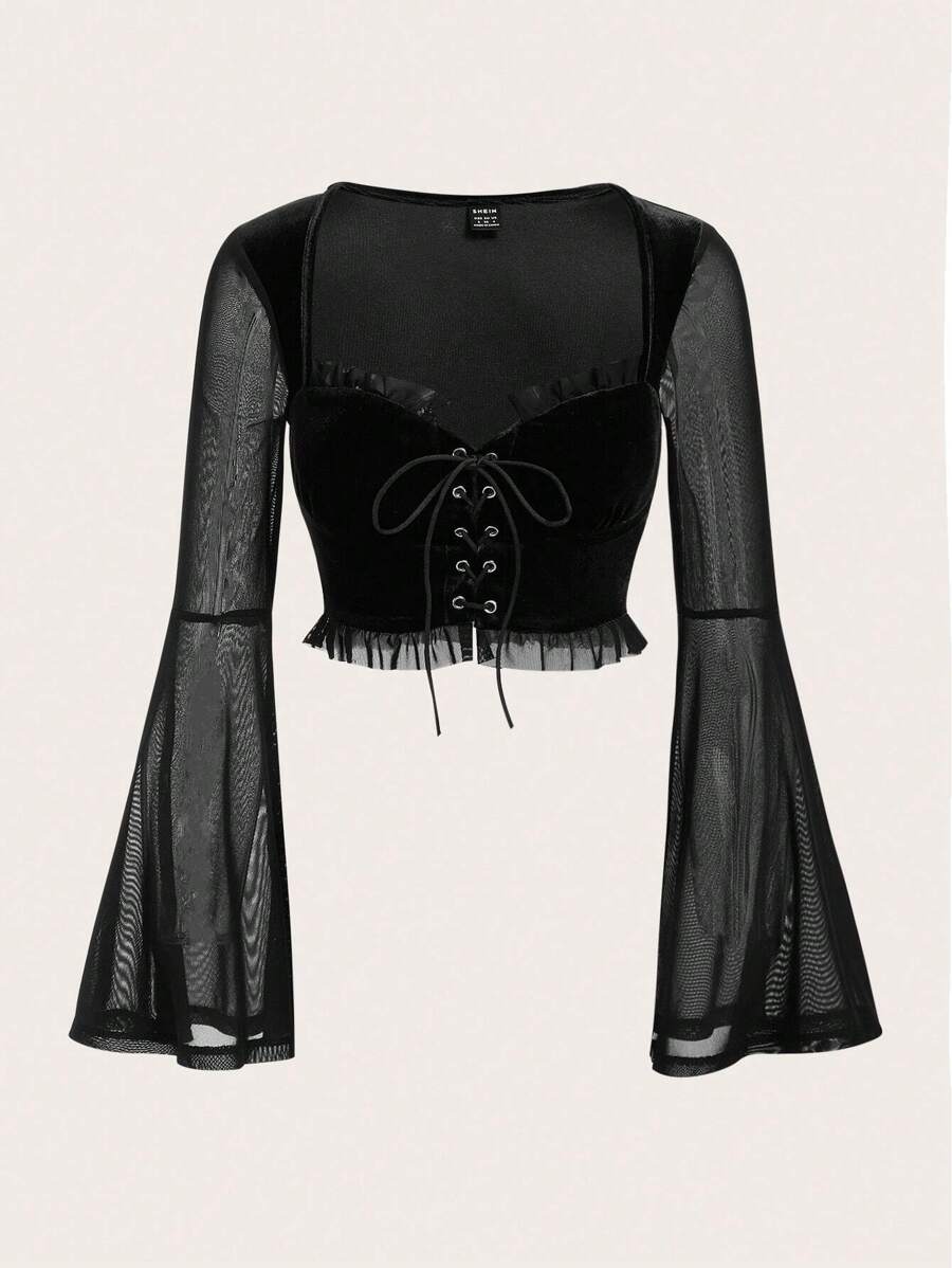 SHEIN ICON 萬聖節前繫帶網紗拼接荷葉袖褶邊短款上衣 - 黑色 - 查看 1
