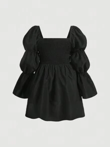 SHEIN MOD Plus Square Neck Flare Sleeve Ruched Bust Dress