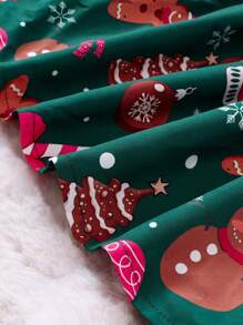 SHEIN Young Girl Christmas Print Ruffle Trim Bow Front 2 In 1 Dress - Red - View 3