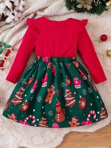 SHEIN Young Girl Christmas Print Ruffle Trim Bow Front 2 In 1 Dress - Red - View 2