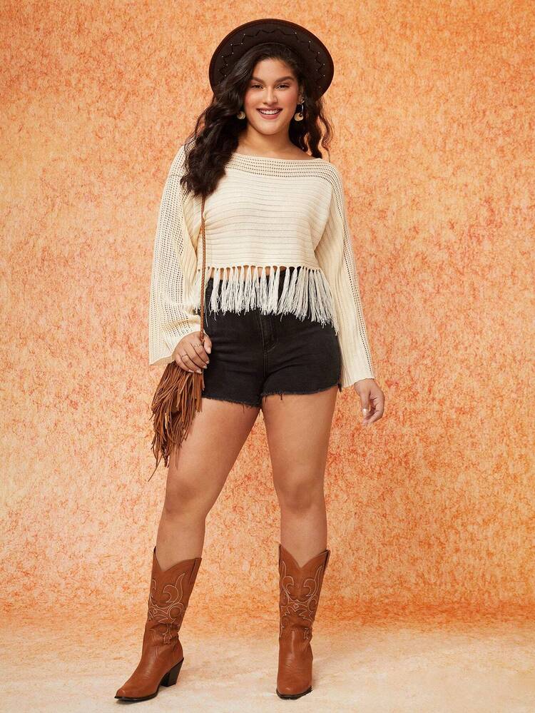 Plus Fringe Hem Pointelle Knit Sweater
