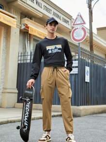 In My Nature Men Flap Pocket Side Drawstring Waist Cargo Pants - Khaki - View 5