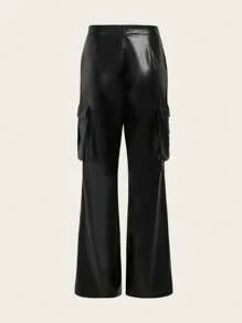 SHEIN EZwear 休閒鈕扣 口袋 拉鍊純色女士長褲 - 黑色 - 查看 2