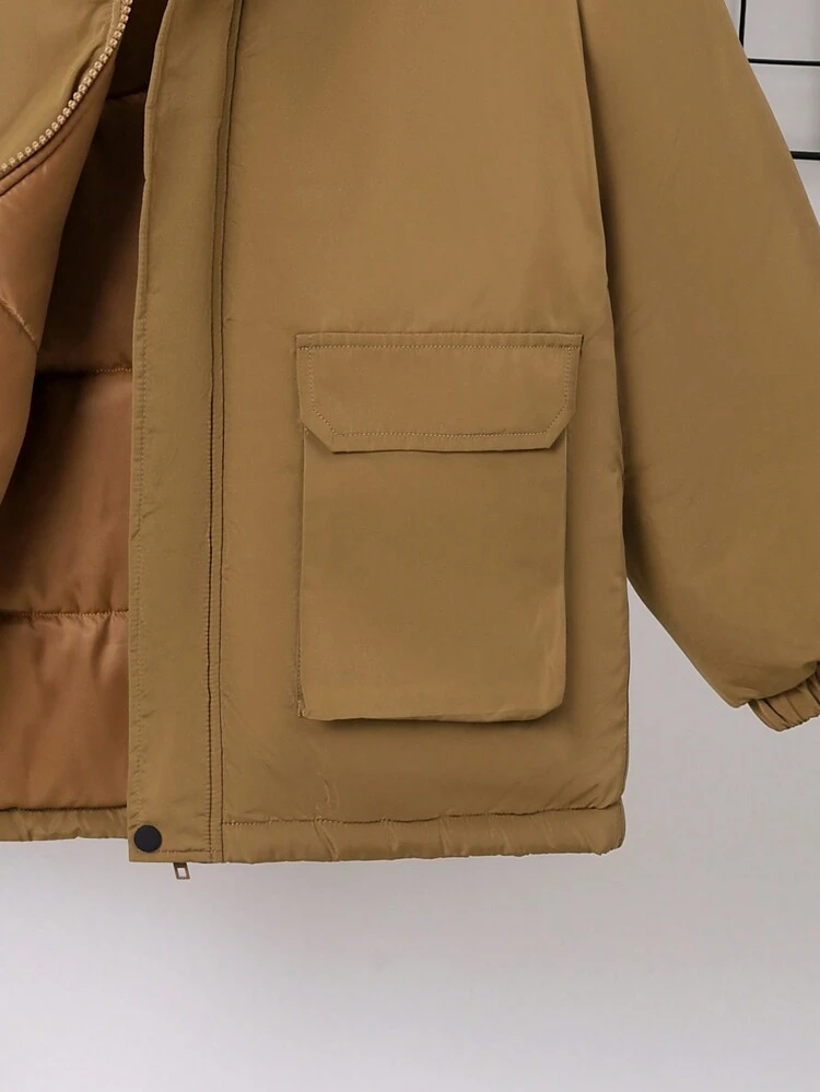 Tween Boy Flap Pocket Fuzzy Trim Hooded Padded Coat