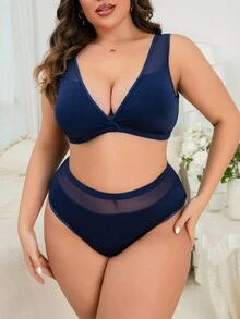 Plus Contrast Mesh Bra & Panty Set - Navy Blue - View 4