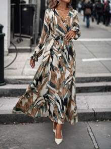 SHEIN LUNE Allover Print Surplice Neck Belted Dress Maxi Women Outfit Fall Cloth For Women