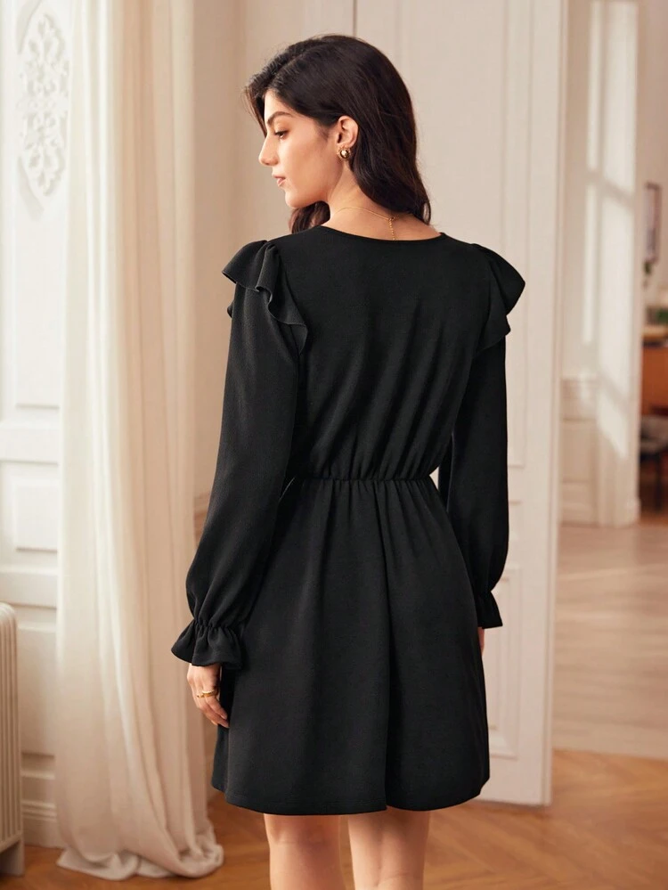 V Neck Ruffle Trim Flounce Sleeve Dress Without Belt Winter Elegant Black Evening Dress