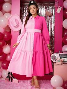 Calvaya Plus Two Tone Ruffle Hem Belted Shirt Dress - Hot Pink - View 1