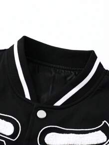 Manfinity Roughcore Men Skeleton Print Striped Trim Jacket,Black And White,Autumn,Streetwear,Holiday,Back-To-School Halloween Graphic Baseball Long Sleeve Color Block - Black - View 3
