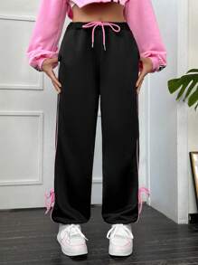 SHEIN EZwear Contrast Piping Eo dây rút Quần thể thao - màu đen - Xem 3