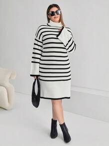 SHEIN Essnce 大碼條紋圖案落肩袖毛衣洋裝不附腰帶 - 黑與白 - 查看 3