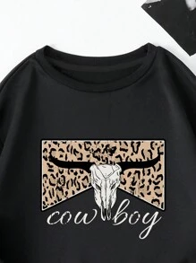 SHEIN LUNE Leopard & Letter Graphic Thermal Pullover - Black - View 3