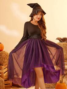 SHEIN Unity Two Tone Mesh Overlay Asymmetrical Hem Dress Fall Cloth For Women - Purple - View 7