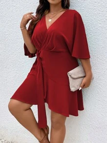 SHEIN Clasi Plus Flounce Sleeve Ruffle Trim Wrap Knot Side Dress Burgundy Color Women Outfit - Burgundy - View 5