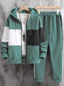 Manfinity 男士撞色拉鏈開襟抽繩連帽衫和運動褲不帶T恤 - 青碧色 - 查看 1