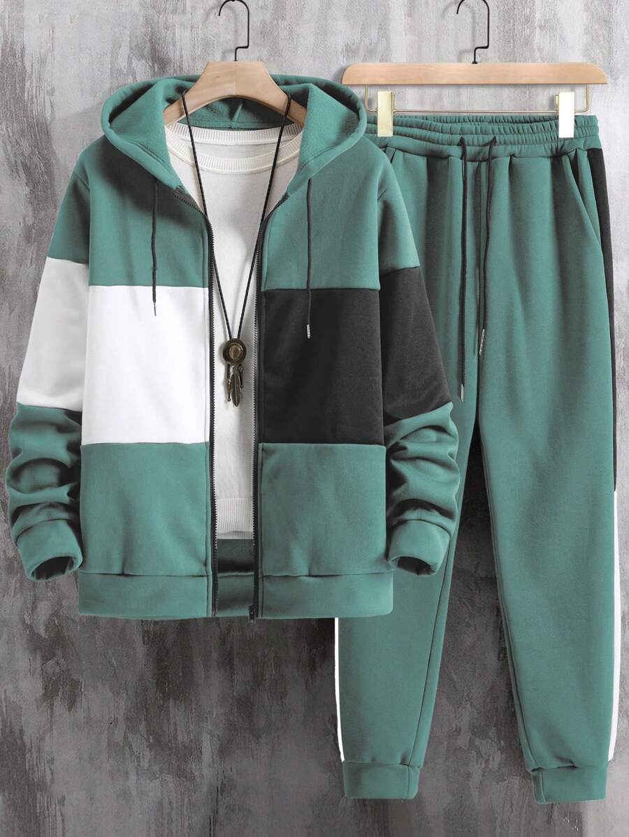 Manfinity 男士撞色拉鏈開襟抽繩連帽衫和運動褲不帶T恤 - 青碧色 - 查看 1