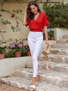 SHEIN Clasi Surplice cổ tay cánh Áo sơ mi - Đỏ - Xem 3