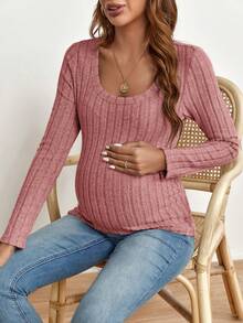 SHEIN Maternity Ribbed Knit Scoop Neck Tee - Pink - View 5