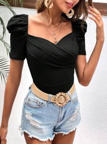 SHEIN VCAY Sweetheart Neck Puff Sleeve Tee - Black - View 6