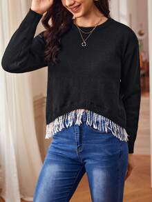 SHEIN Frenchy 流蘇下擺落肩袖套頭毛衣 - 黑色 - 查看 3