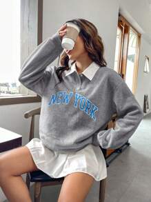 SHEIN Qutie 字母圖案Polo領落肩袖運動衫 - 灰色 - 查看 1