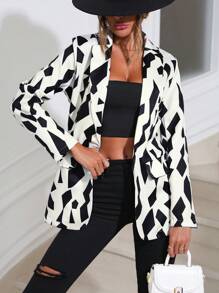 SHEIN Privé 幾何印花單釦西裝外套 - 黑與白 - 查看 1