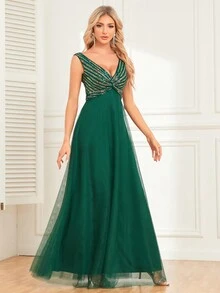Contrast Sequin Mesh Formal Dress - Dark Green - View 4