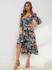 Tropical Print Ruffle Trim Lantern Sleeve Ruffle Hem Dress - Green - View 7