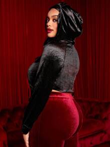 SHEIN SXY Plus Size Zip Up Asymmetrical Hem Velvet Sweatshirt - Black - View 2