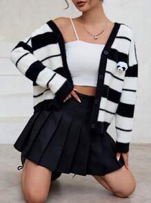 SHEIN Unity Striped Pattern 3D Panda Detail Drop Shoulder Cardigan - Black and White - View 1
