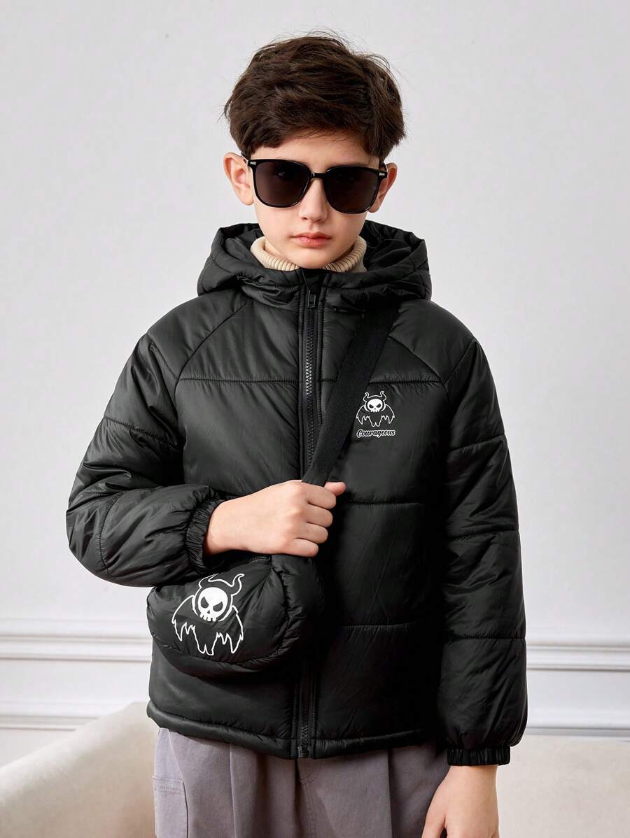 SHEIN Tween Boy Slogan & Cartoon Graphic Raglan Sleeve Hooded Padded Coat - Black - View 1