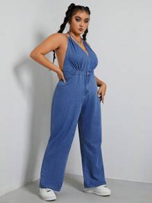 SHEIN EZwear 加繫帶露背掛脖牛仔連身褲 - 藍色 - 查看 3