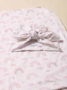 SHEIN Newborn Girl Photography Props Rainbow Print Swaddle Blanket With Matching Turban Hat Baby Girl PhotoShoot Wrap - Multicolor - View 3