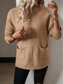 SHEIN Essnce Turtleneck Dual Pocket Drop Shoulder Sweater - Khaki - View 6