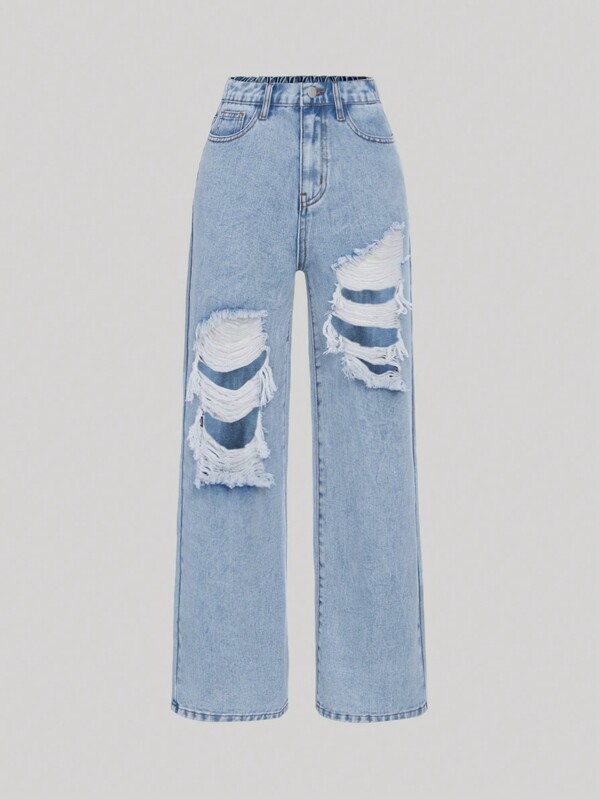 SHEIN Girlism Chica preadolescente Jeans desgarro con bolsillo oblicuo
