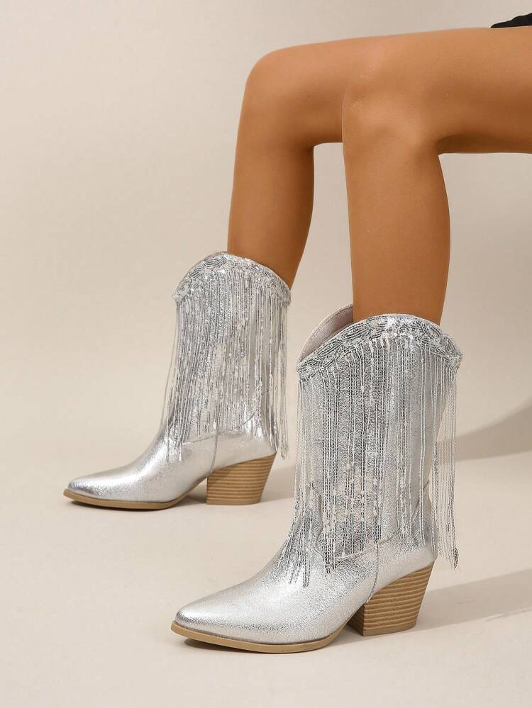 Fall/Winter Women's Fashionable High Heel Knee-High Western Cowboy Boots With Pointed Toe, Fashion Match Jorts And Sweater Retro Design And Wide Calf ,Suitable For Women Outdoor Shoes With Cardigan,Party Outfits,Cowgirl Boots,Coachella