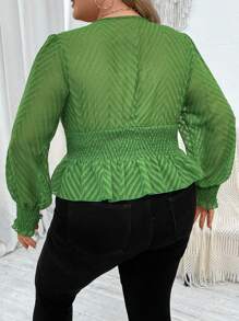 SHEIN CURVE+ Plus Surplice Neck Lantern Sleeve Peplum Blouse - Green - View 2