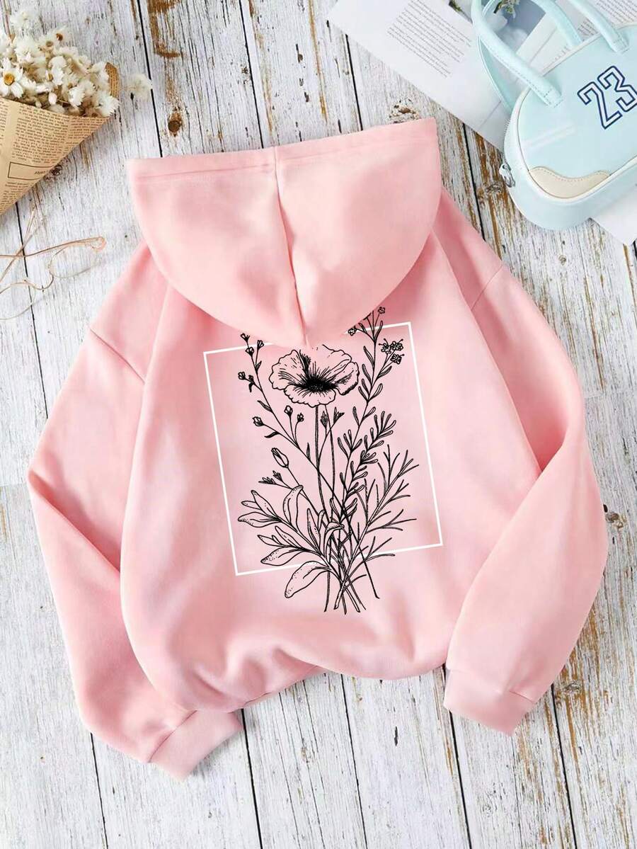 SHEIN EZwear 印花袋鼠口袋抽繩保暖連帽衫 - 粉色 - 查看 1