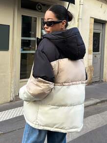 DAZY Abrigo de color combinado de hombros caídos con capucha fumador grueso bolsillos - Multicolor - Ver 7