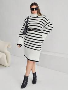 SHEIN Essnce 大碼條紋圖案落肩袖毛衣洋裝不附腰帶 - 黑與白 - 查看 5