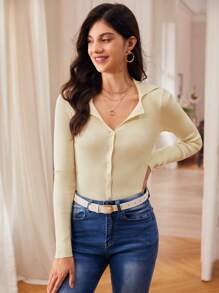 SHEIN Frenchy Solid Ribbed Knit Button Front Cardigan Winter Casual - Beige - View 6