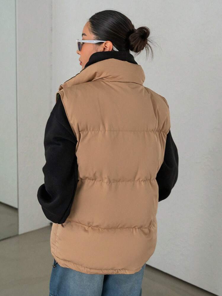 Letter Patched Detail Drawstring Hem Zipper Vest Puffer Pockets Coat ,Winter Women Clothes,Winter Coat Women Jacket